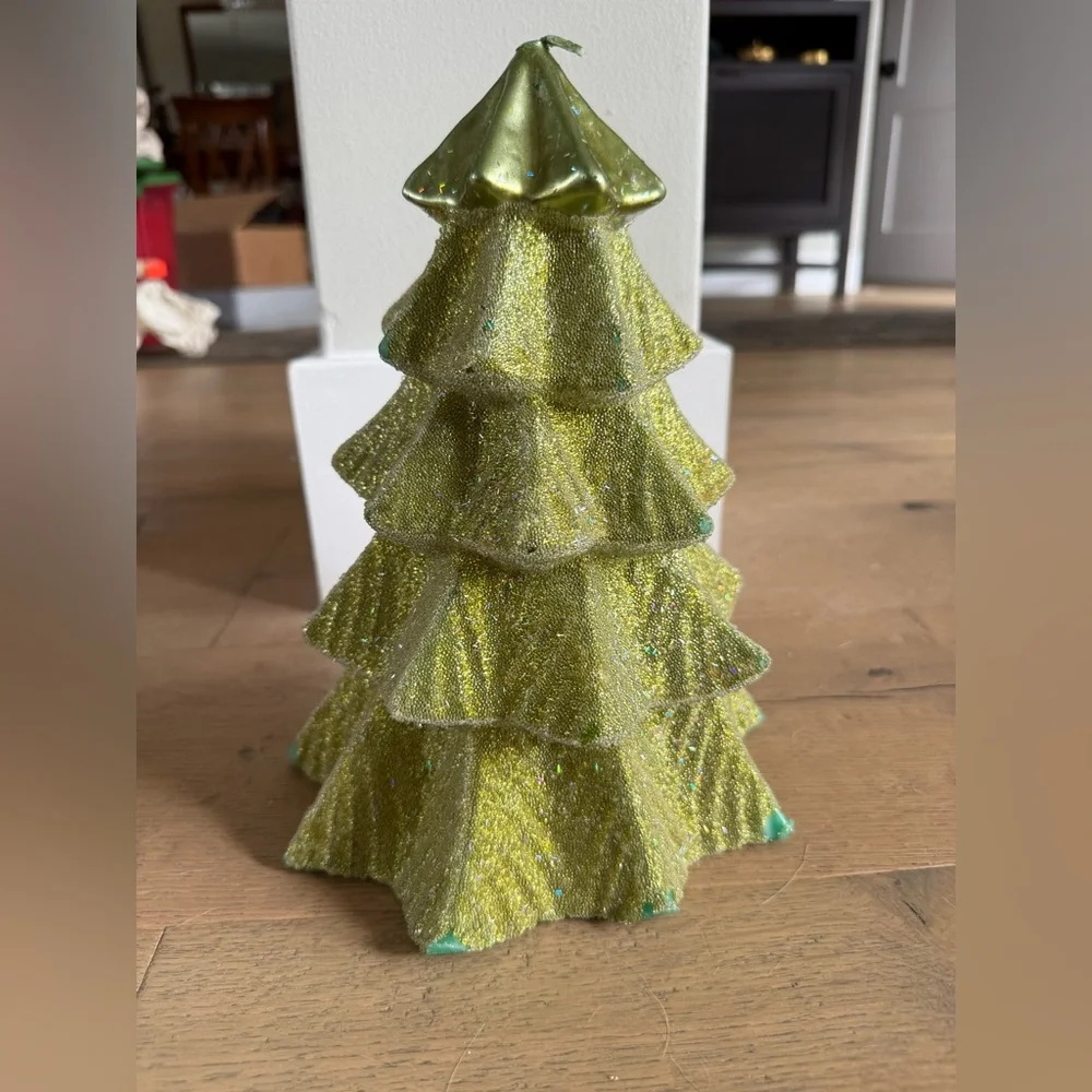 Pottery Barn 9.5in Green Glitter Christmas Tree Candle